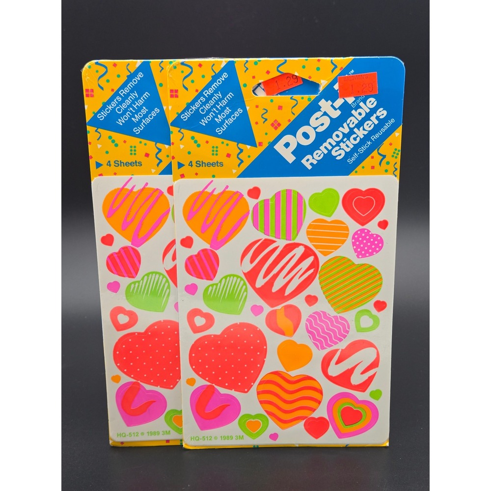 Vintage 1989 3M Post-it Removable Stickers Neon Hearts 2 Packs- 8 Sheets SEALED